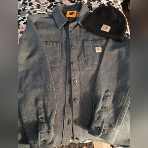 UNISEX Carhartt BLUE/Gray Shirt Jacket and Navy Beanie Set. 100%